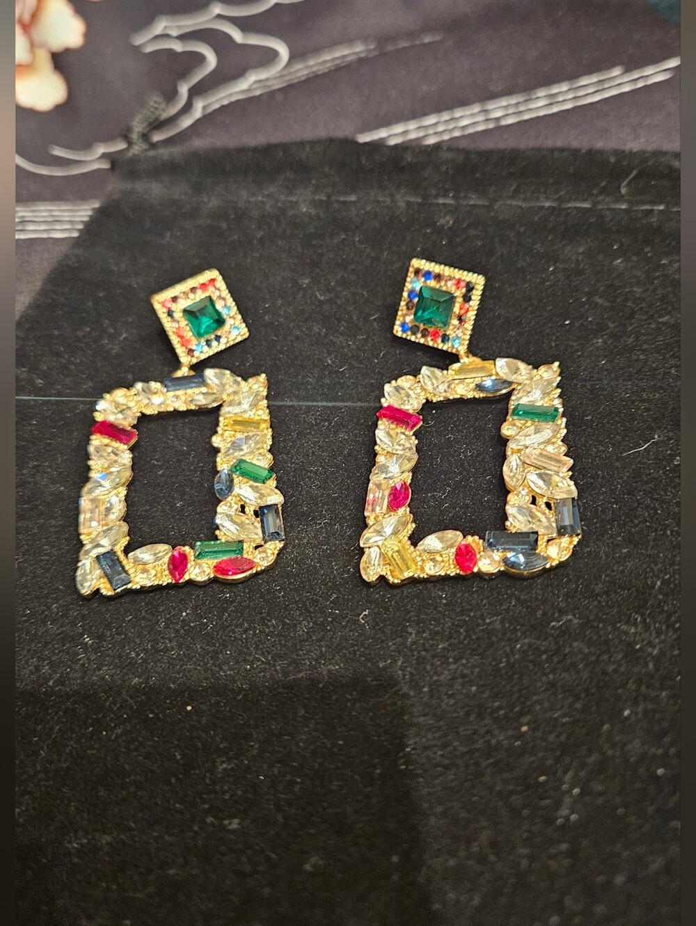 Gold-Tone Multicolor Gemstone Rectangle Drop Earrings - Women Jewelry